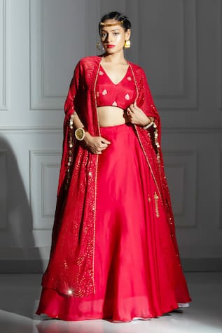 Monk & Mei Sequin Embellished Cape & Lehenga Set 