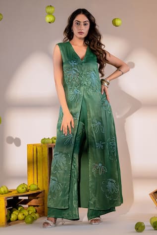 Amrood Blossomy Embroidered Long Front Slit Kurta With Flared Pant 