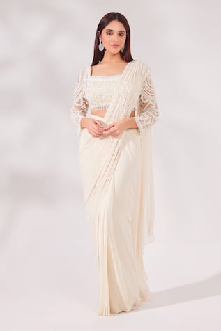 Chaashni by Maansi and Ketan Bead & Pearl Work Pre-Draped Saree With Blouse 