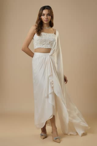 EWOKE Solid Asymmetric Pre-Draped Saree With Embellished Blouse 