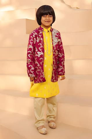 FAYON KIDS Embroidered Brocade Jacket With Kurta Set 