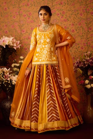 Shyam Narayan Prasad Yam Floral Brocade Tunic & Lehenga Set 