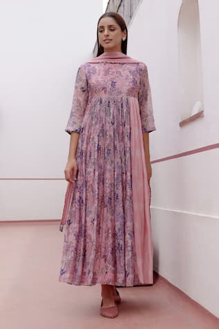 Vaayu Botanical Print Pleated Anarkali With Dupatta 