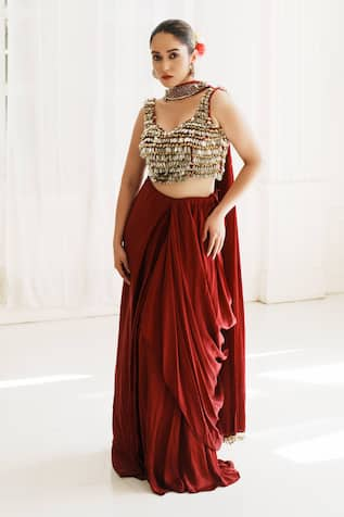 House of Anmol Jain Raspberry Pre-Draped Saree With Blouse 