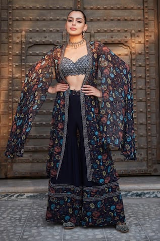 Bohame Aaliyah Floral Print Cape With Sharara Set 