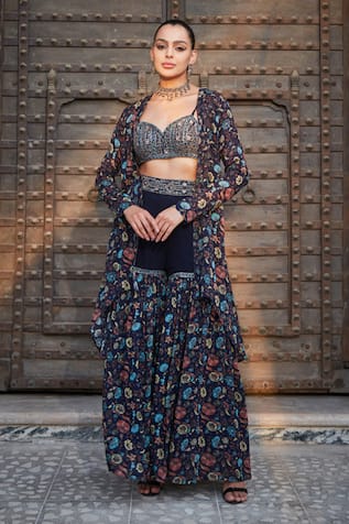 Bohame Audre Floral Print Cape With Sharara Set 