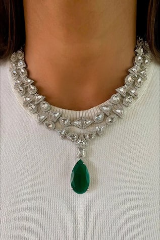 Diamond & Teardrop Stone Embellished Layered Necklace Set 
