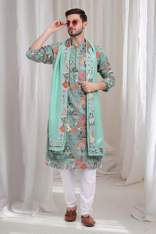 Aham-Vayam Pushp Mrig Embroidered Kurta Churidar Set 