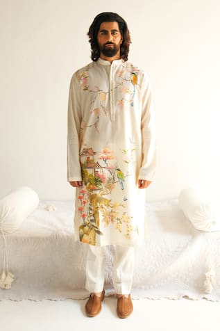 WABI SABI BY ANSHUM-RITESH Raccoon Trail Hand Painted Kurta With Pyjama 