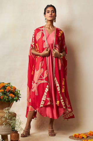 Vedika M Abstract Bandhani Print Cape With Dress 