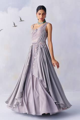 Awigna Olivia Bloom Garden Embroidered Plisse Drape Gown 