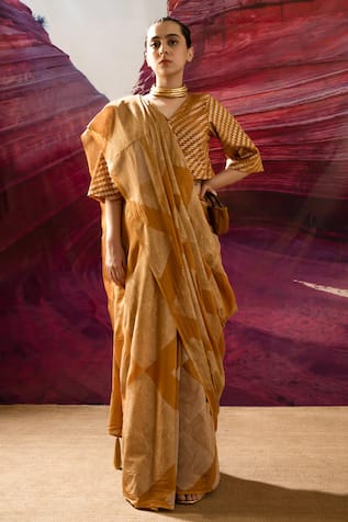 BANANA labs Handblock Print Saree With Zari Blouse 