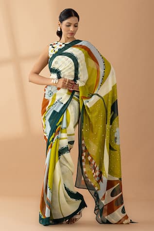 Thee Modern Roots Abstract Bird Print Saree 