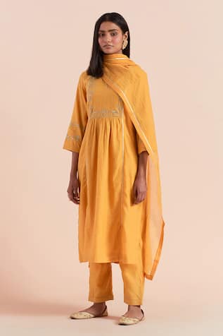 Floral Embroidered Mustard Kurta Set For Kids