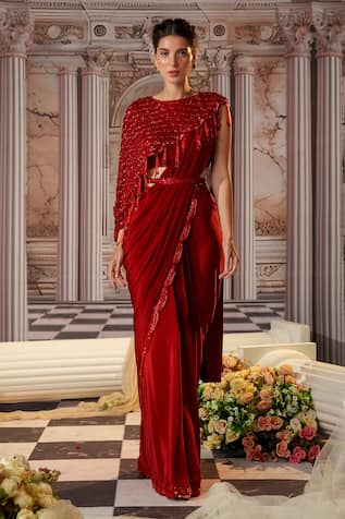 Nidhika Shekhar Venus Pre-Draped Saree & Sequin Embroidered Cape Set 