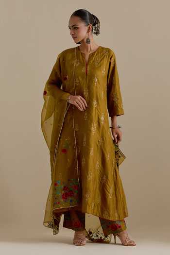 Kora Embroidered Butis Long Kurta Pant Set 