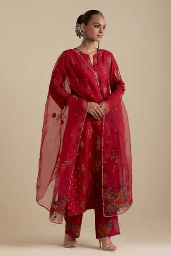 Kora Notched Round Neck Kurta Pant Set 
