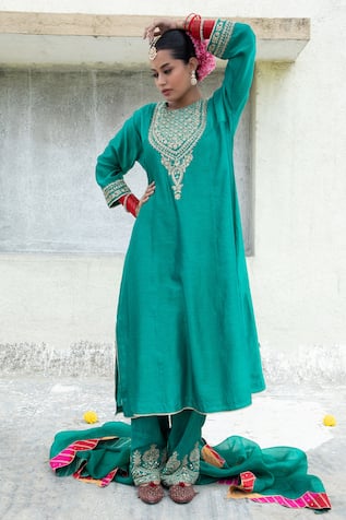 Pants And Pajamas Flower Embroidered Yoke Kurta With Pant 