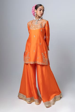 Pants and Pajamas Flower Embroidered Kurta With Sharara 