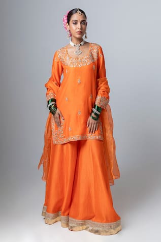 Pants And Pajamas Flower Embroidered Kurta Sharara Set 