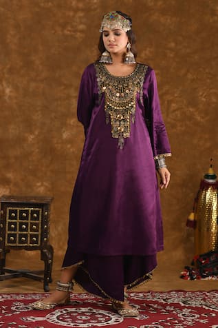 Ekavira Shaira Silk Coin Embellished Kurta With Wrap Palazzo 