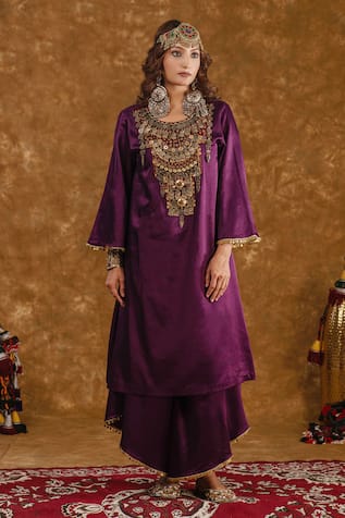 Ekavira Shaira Silk Metallic Tassel Embellished Kurta With Wrap Palazzo 