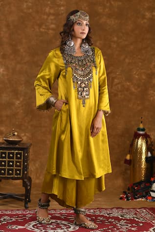 Ekavira Shaira Silk Charm Embellished Kurta With Wrap Palazzo 