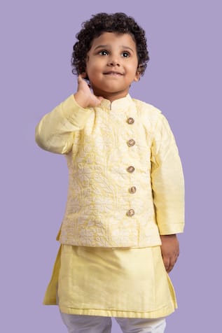 Kirti Agarwal - Pret N Couture Yellow Thread Embroidered Bundi Kurta Set 