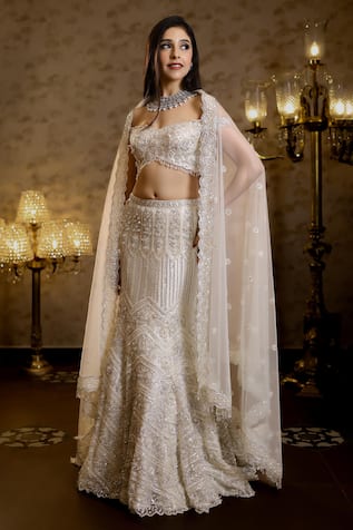 Isa By Dolly Wahal Rena Chevron Crystal Embellished Bridal Mermaid Lehenga Set 