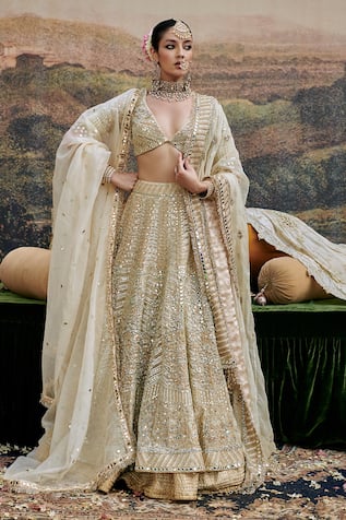 Itrh Shvet Afsana Gota Patti Embroidered Mirrorwork Bridal Lehenga Set 