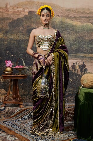 Itrh Pre-Draped Two Tone Saree With Embroidered Blouse 