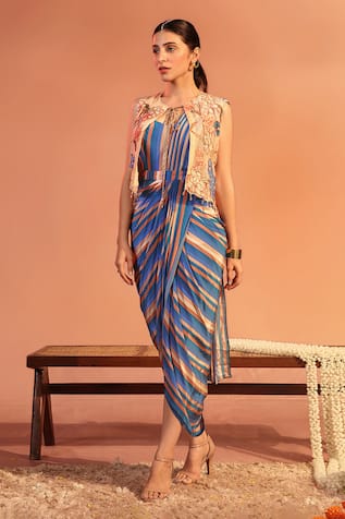 Soup by Sougat Paul Adira Stripe Print Draped Dress With Crop Jacket 