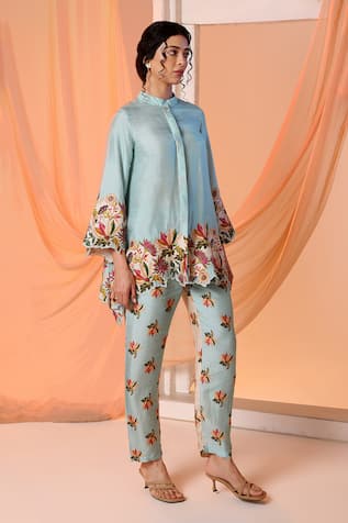 Soup by Sougat Paul Aarani Floral Embroidered Asymmetric Shirt With Pant 