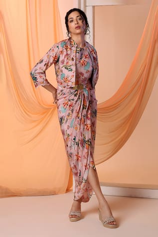 Soup by Sougat Paul Aarani Floral Print Crop Jacket With Draped Dress 