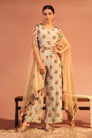 Soup by Sougat Paul Aarani Floral Embroidered Cape & Jumpsuit Set 