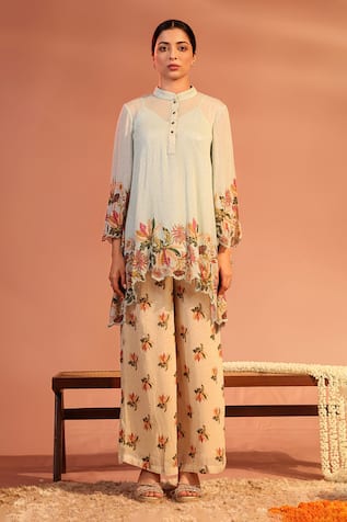 Soup by Sougat Paul Aarani Floral Sequin Embroidered Asymmetric Tunic & Pant Set 