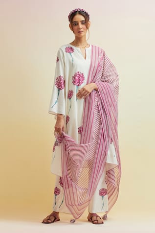 Upavita Carnation Print Asymmetric Kurta Pant Set 