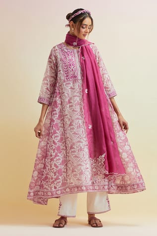 Upavita Chanderi Floral Hand Block Print A-Line Kurta & Pant Set 