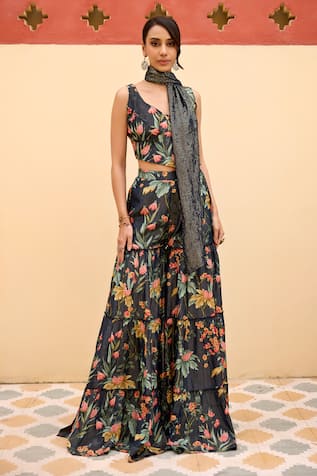 Baaro Masi Mona Floral Print Blouse Sharara Set 