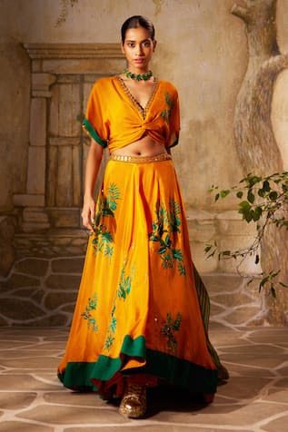 Basil Leaf Tropical Embroidered Twisted Bodice Lehenga Set 