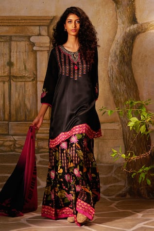 Basil Leaf Floral Print Straight Kurta & Sharara Set 