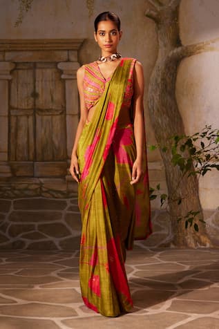 Basil Leaf Floral Embroidered Pre-Draped Saree With Blouse 