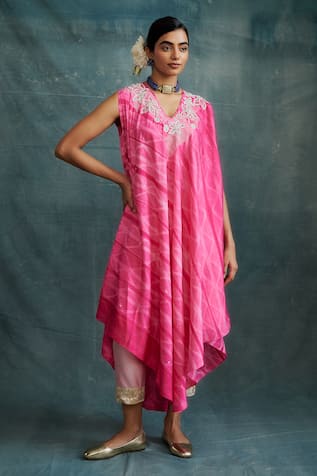 Krishna Mehta Tie Dye Embroidered Asymmetric Flared Tunic With Pant 