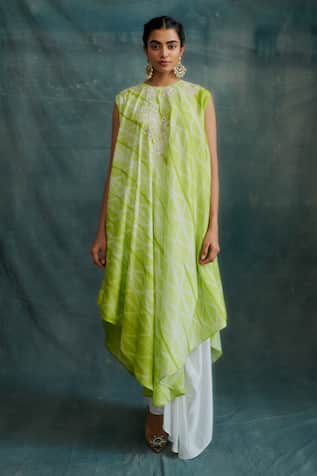 Krishna Mehta Tie Dye Embroidered Asymmetric Tunic With Draped Skirt 