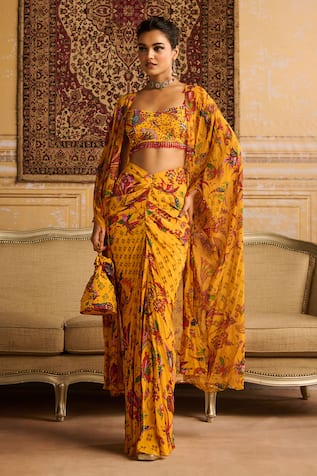 DiyaRajvvir Floral Print Embroidered Cape Draped Skirt Set 