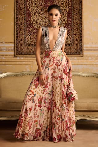 DiyaRajvvir Embellished Bodice Ecstasy Fiore Print Jumpsuit With Potli Bag 