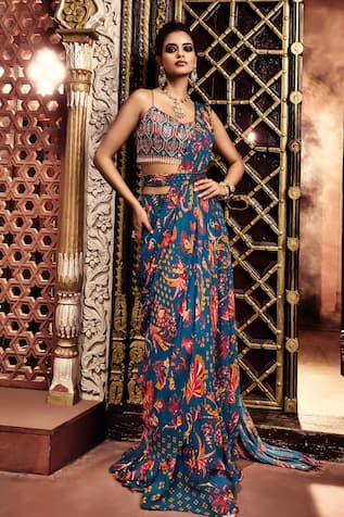 DiyaRajvvir Floral Butta Printed Pre-Draped Skirt Saree With Blouse 