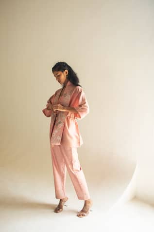 Oja Floral Applique Collar Open Shirt Pant Set 