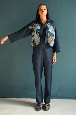 Oja High-Low Applique Embroidered Jacket Pant Set 