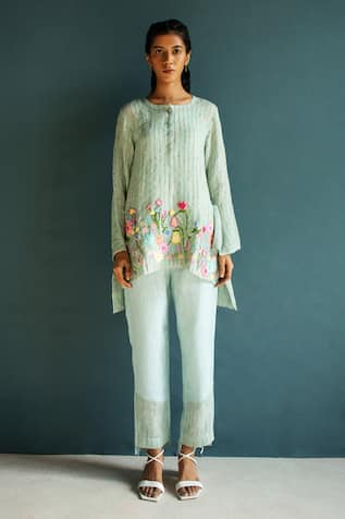 Oja Flower Bloom Embroidered Long Top With Pant 